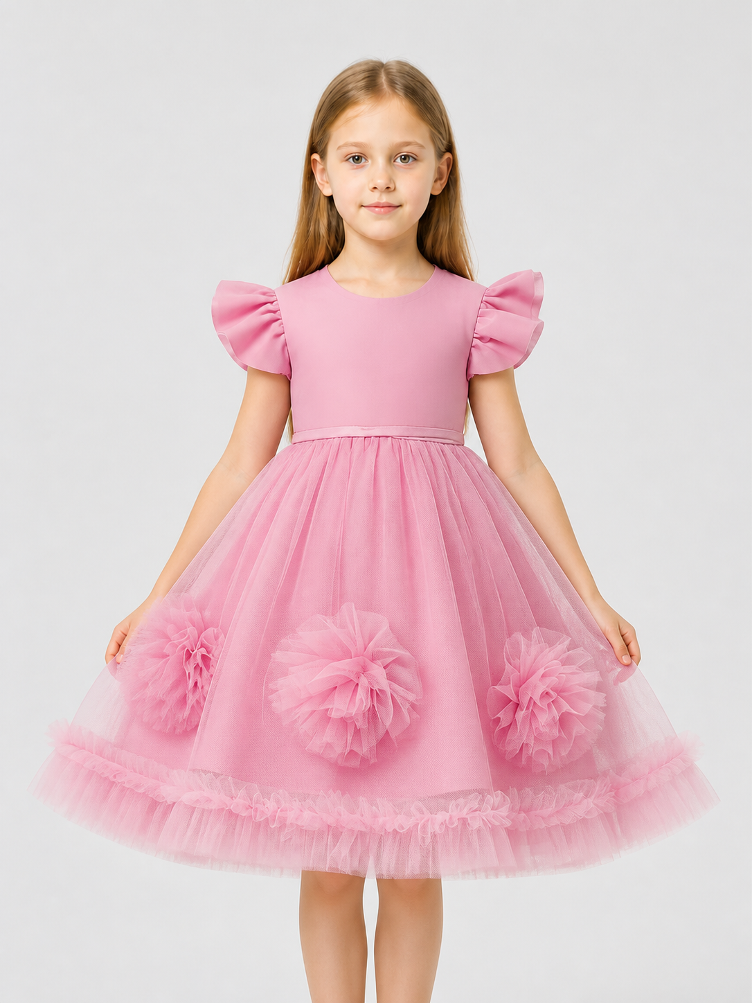Pink Children's Princess Dress with 3D Flowers Costume Dresses detail 3