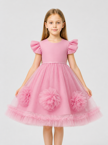 Pink Children's Princess Dress with 3D Flowers Costume Dresses detail 3