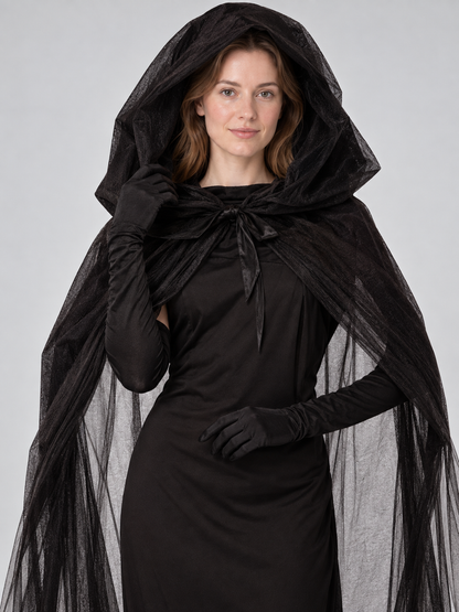Halloween Costume: Black Dress, Cape, and Gloves