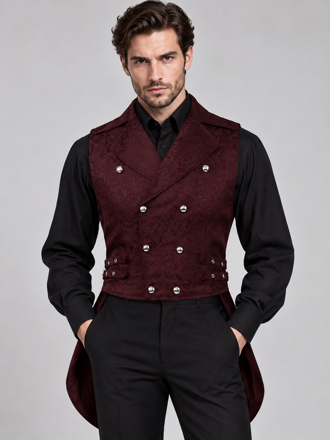 Tailcoat Vest Burgundy Jacquard Double-Breasted