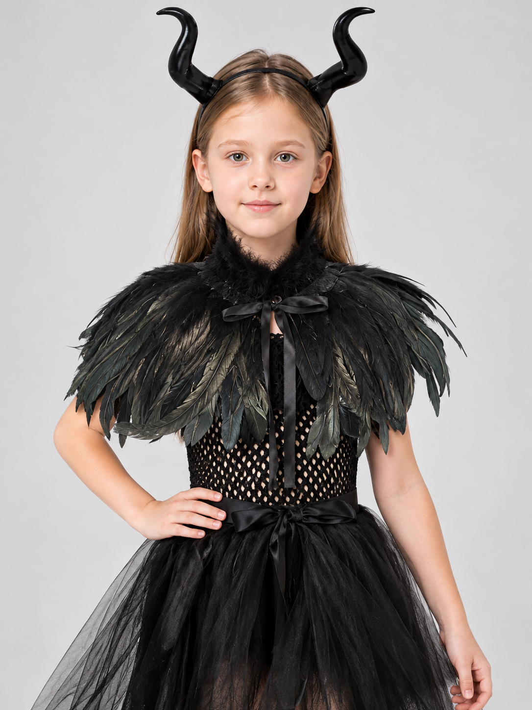 Kids' Witch Costume Black with Feathers and Mesh