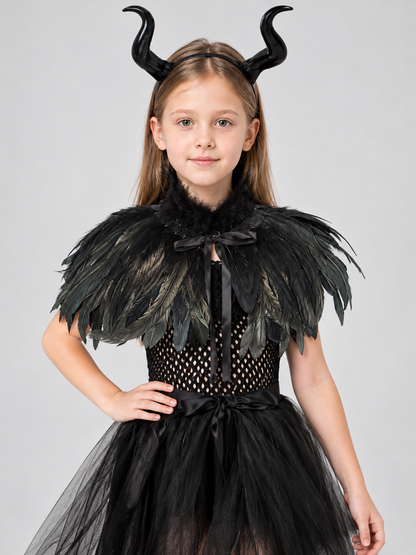 Kids' Witch Costume Black with Feathers and Mesh