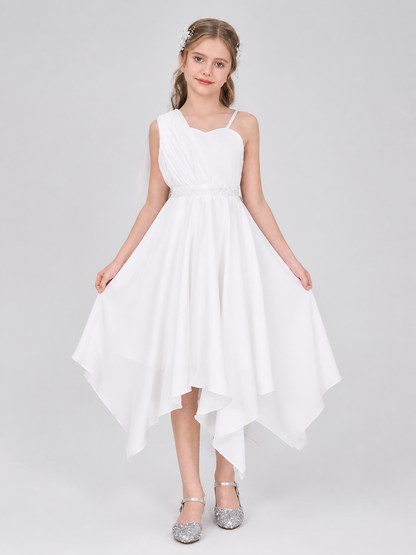 White Dressy Children's Dress with an Asymmetrical Skirt Costume Dresses detail 3