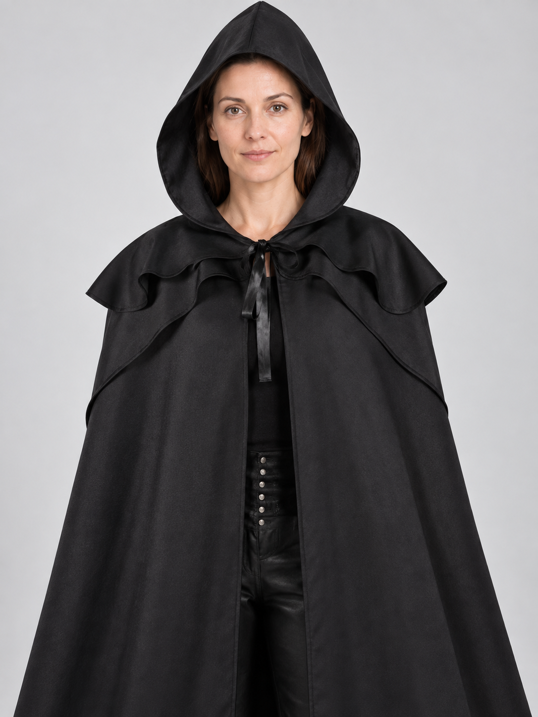 Long Black Hooded Cloak with Capelet
