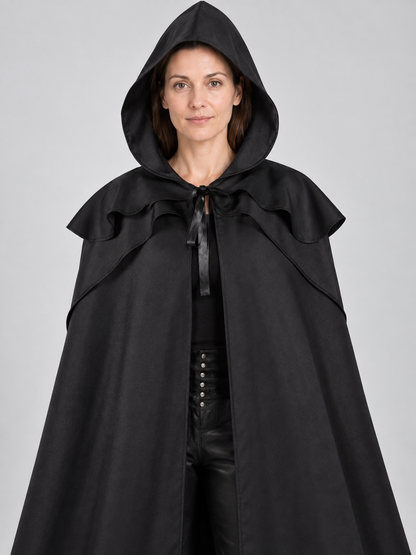 Long Black Hooded Cloak with Capelet