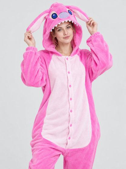 Pink Fleece Hooded Pajama Jumpsuit with Ears