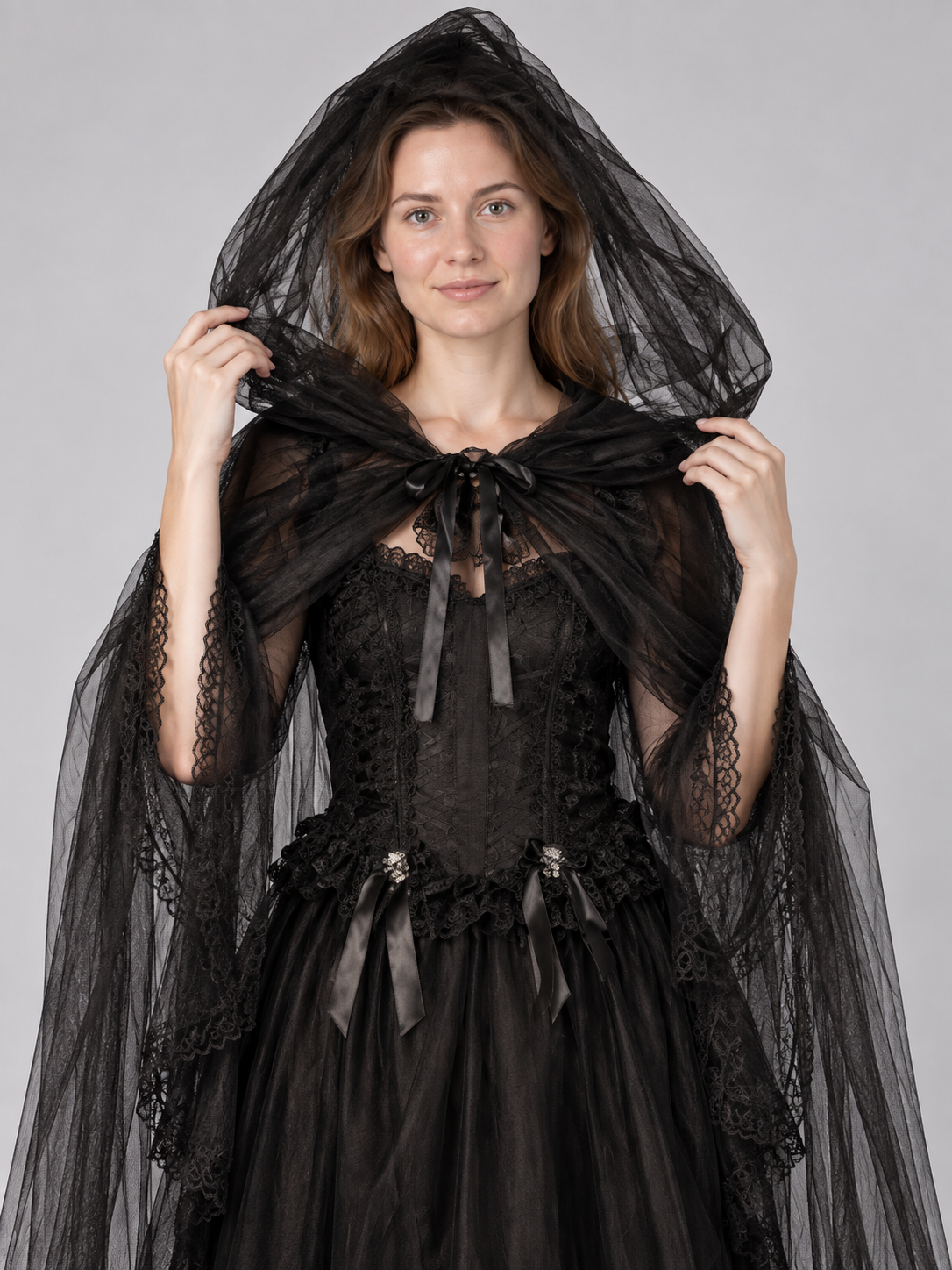 Gothic Black Carnival Costume with Cape and Dress