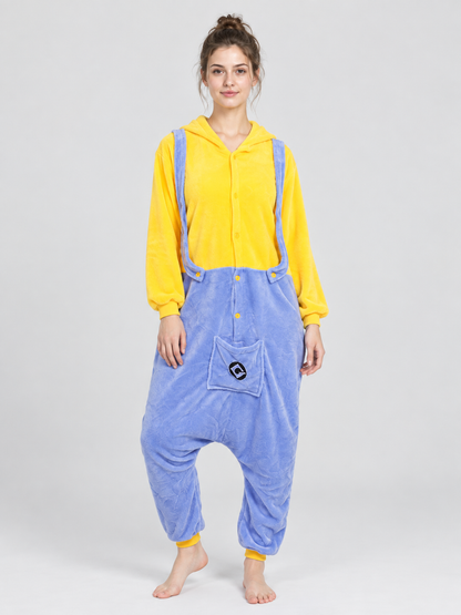 Yellow and Blue Flannel Hooded Pajama Jumpsuit