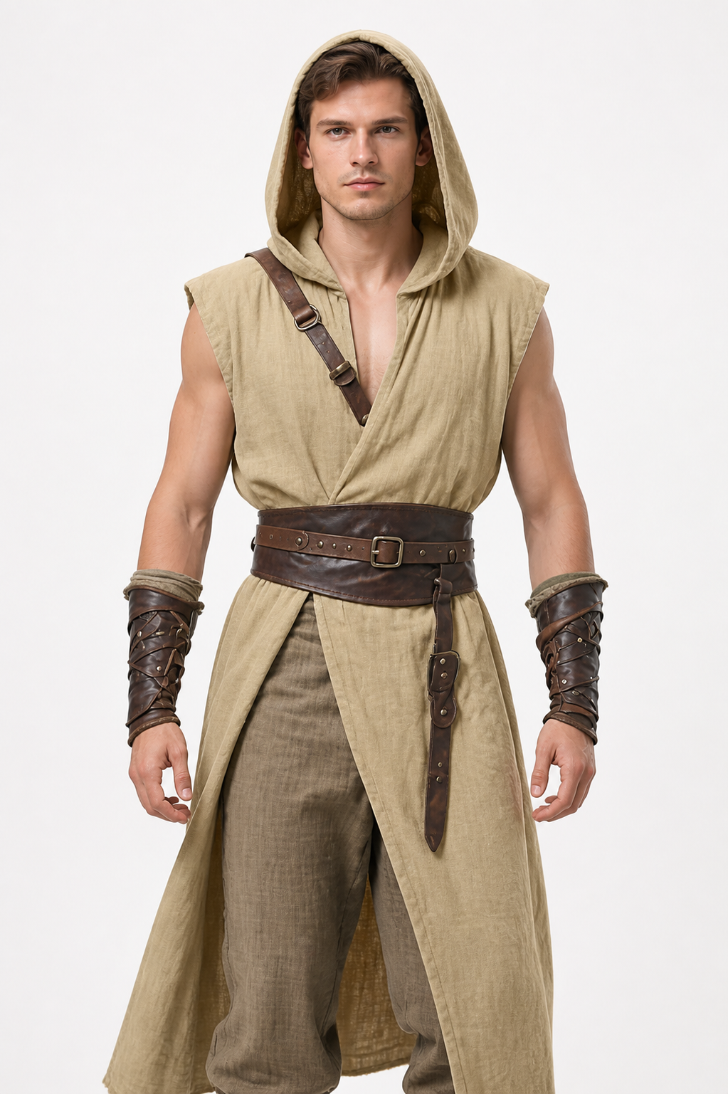 Khaki Sleeveless Medieval Hooded Cloak Costume Capes detail 3