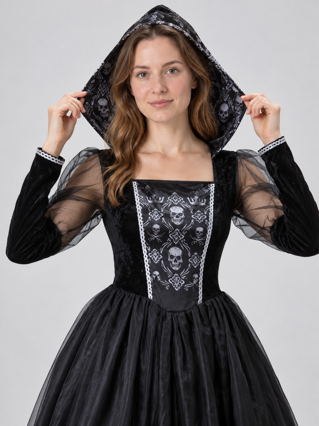 Gothic-Style Carnival Dress with Skull Print