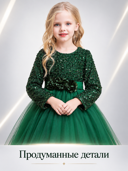 Dark green long dress with sequins and a bow