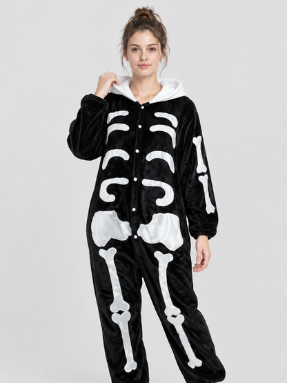 Pajama Jumpsuit with White Hood and Bone Print