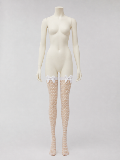 White Diamond-Mesh Stockings with Bows