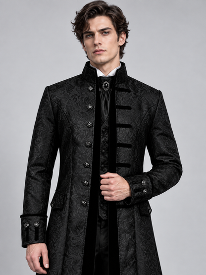 Gothic black long frock coat with pattern and buttons