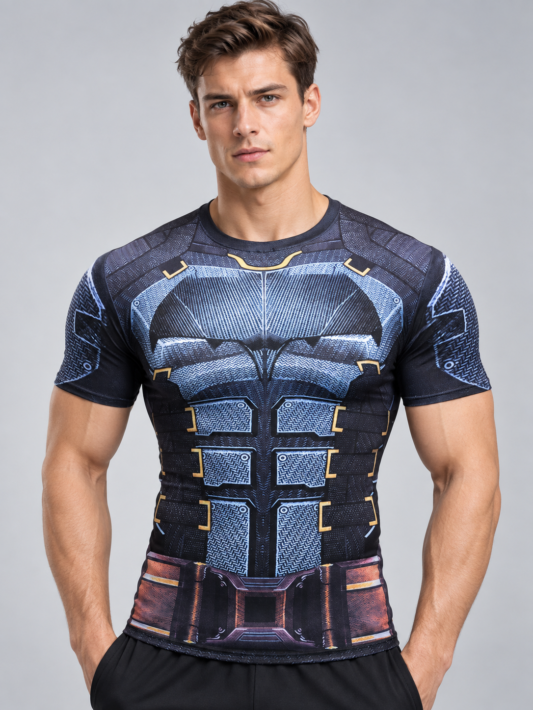 Athletic T-Shirt with Superhero Print and Gold