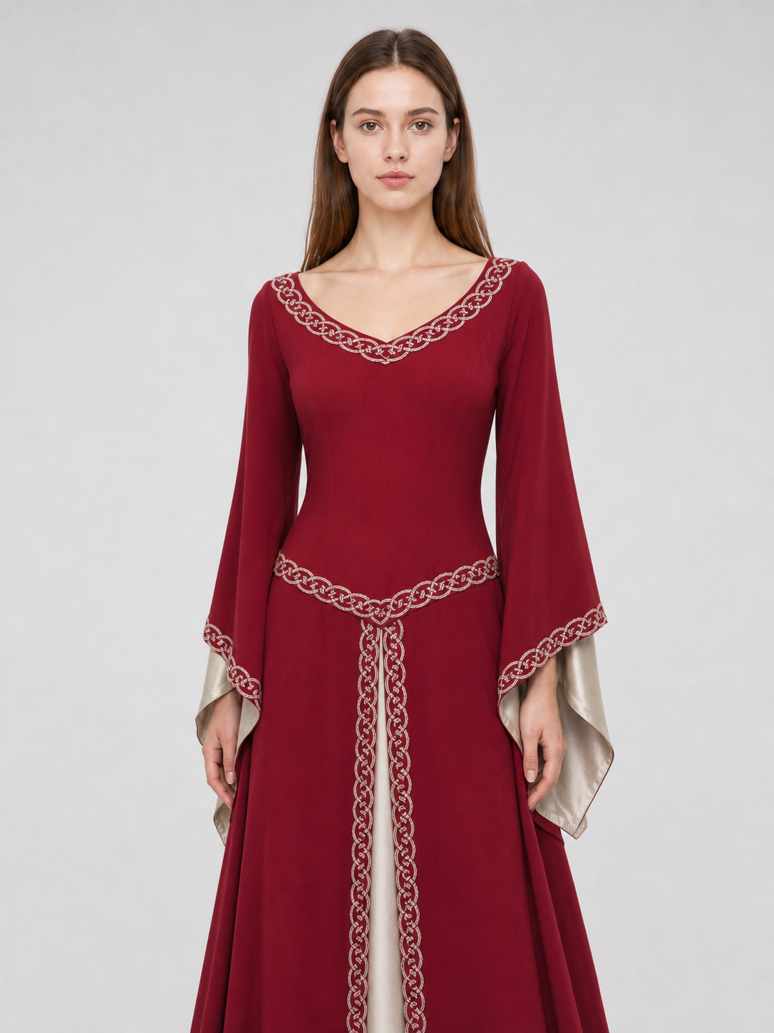 Floor-Length Dress with Long Sleeves and Decorative Trim