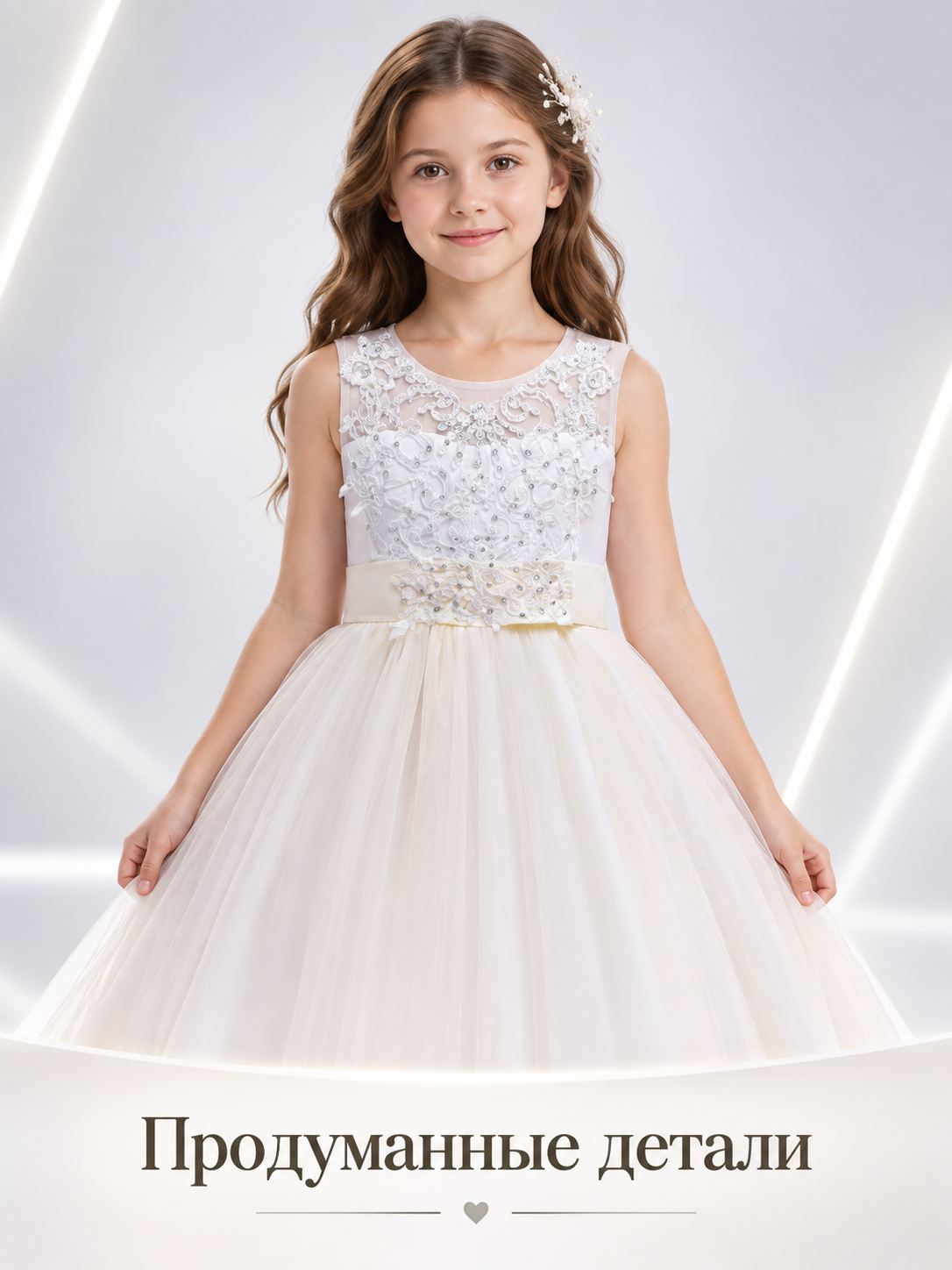 Girls' Formal Floor-Length Dress with Lace and Train
