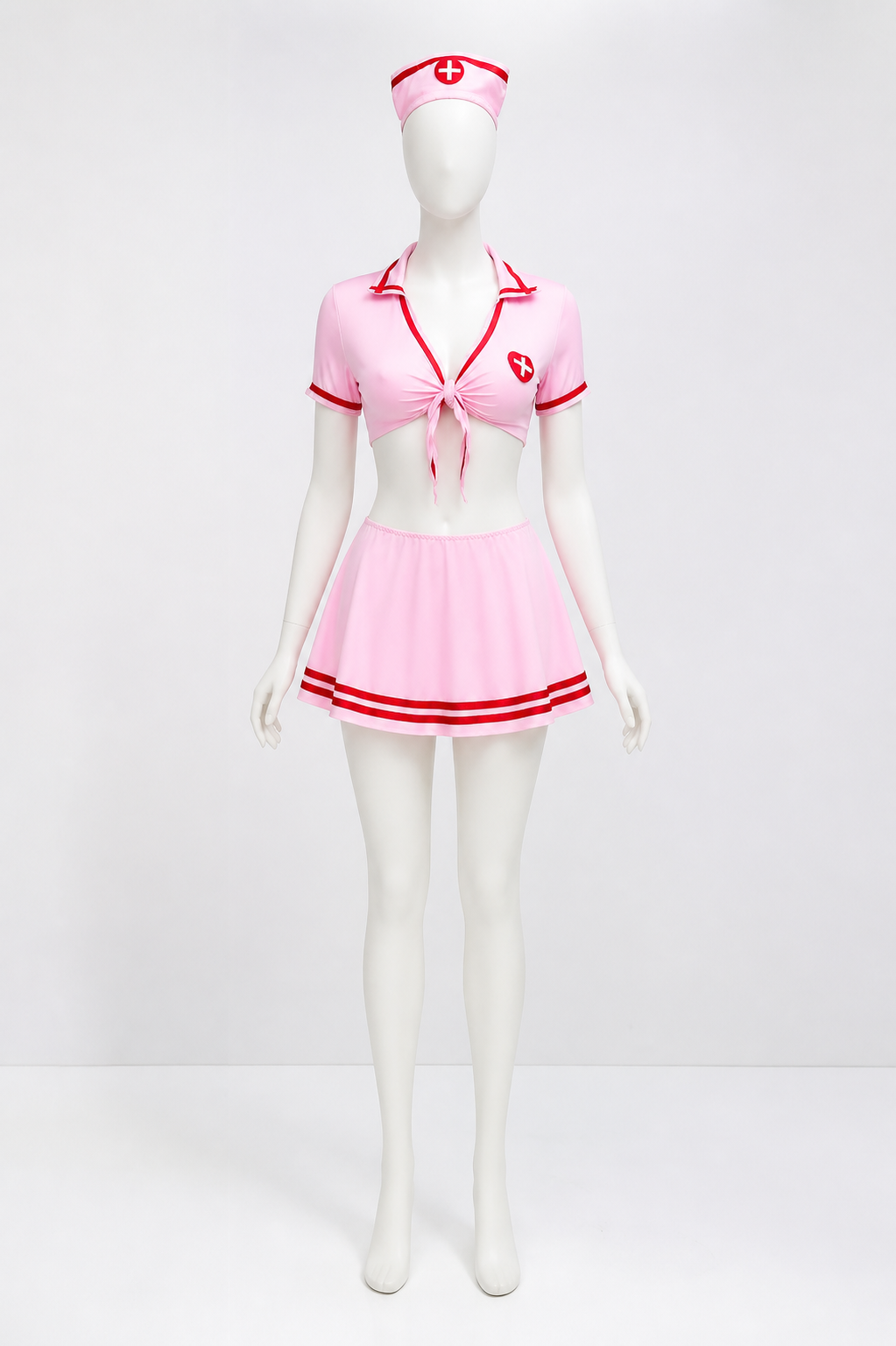 Short Pink Nurse Costume with Red Cross upper body view