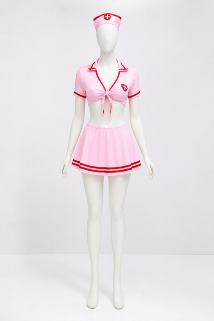 Short Pink Nurse Costume with Red Cross upper body view