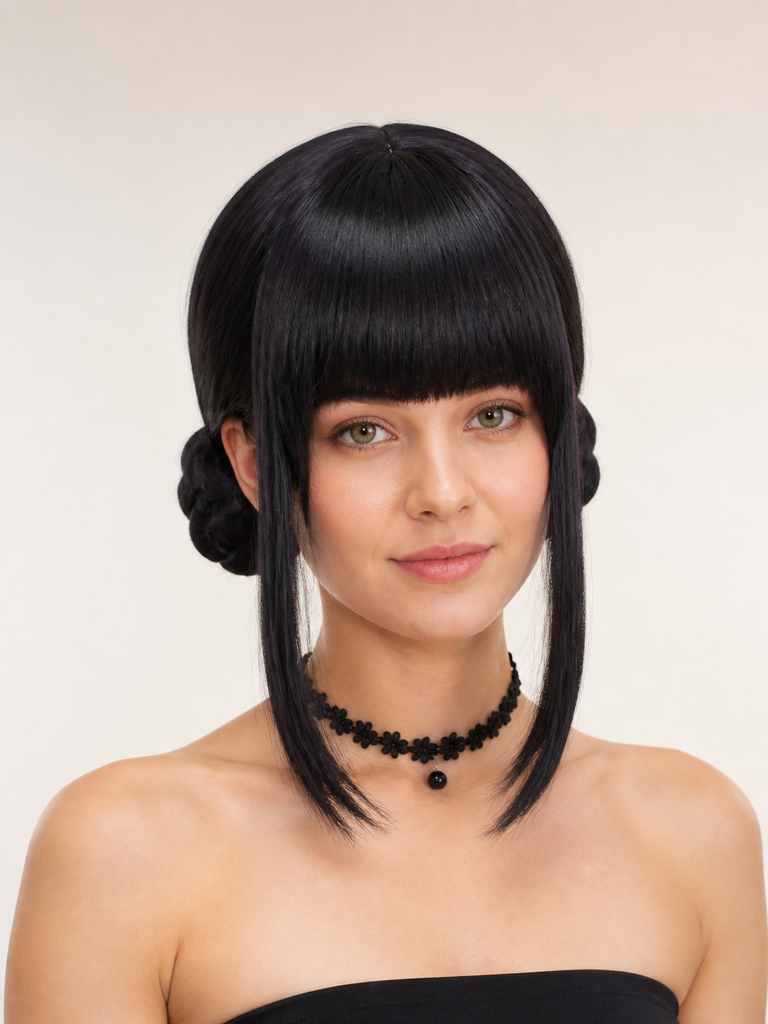 Black Cosplay Wig with Two Buns and Bangs Costume Wigs detail 2