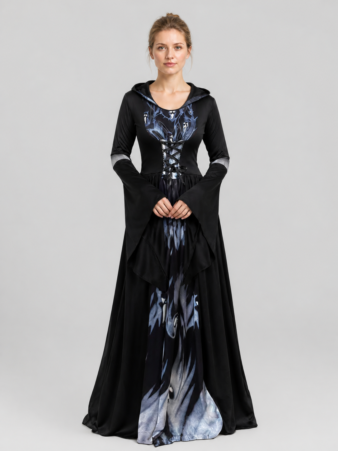 Halloween Witch Dress with Hood and Skeleton Design Costume Dresses detail 3