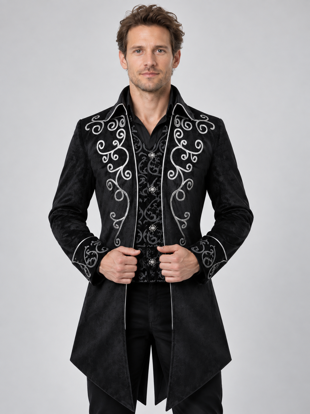 Black tailcoat with a high collar and embroidery