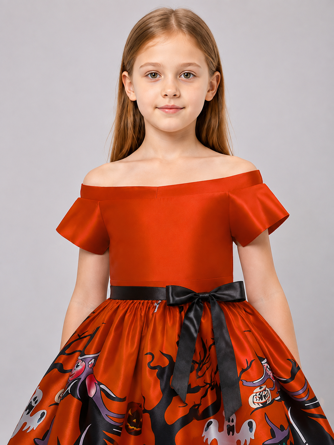 Orange children's dress with a Halloween print Costume Dresses detail 2