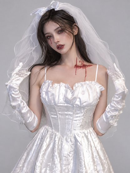 Ghost Bride Halloween Costume White with Veil and Blood