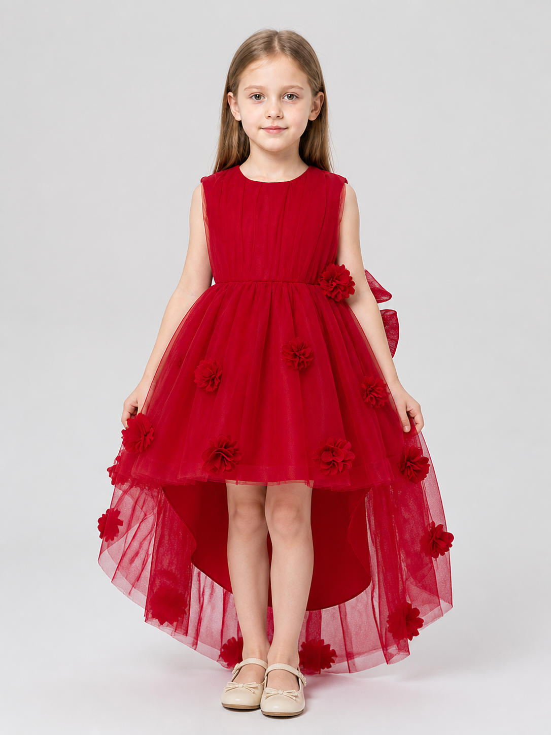Children's Red Dress with Train, Sleeveless, Bow Costume Dresses detail 3