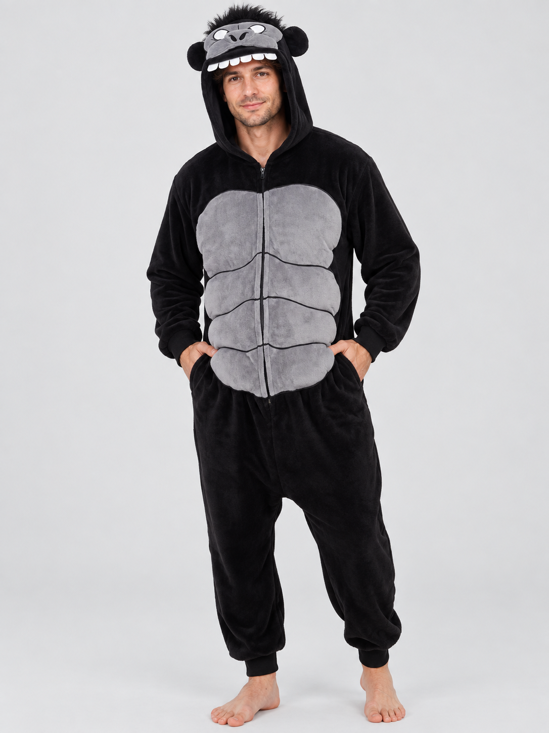 Black and gray hooded kigurumi jumpsuit with a face design