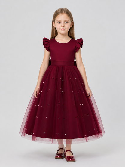 Burgundy Princess Dress with Bow and Full Skirt