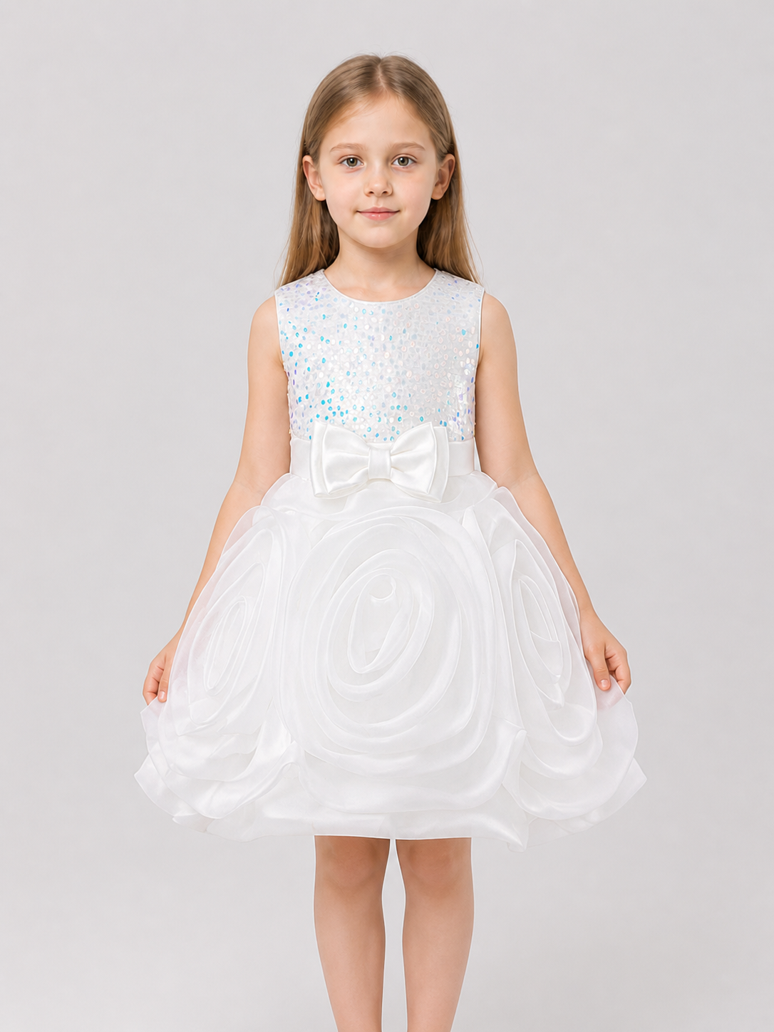 White Princess Dress for Girls with Sequins and Bow Costume Dresses detail 3