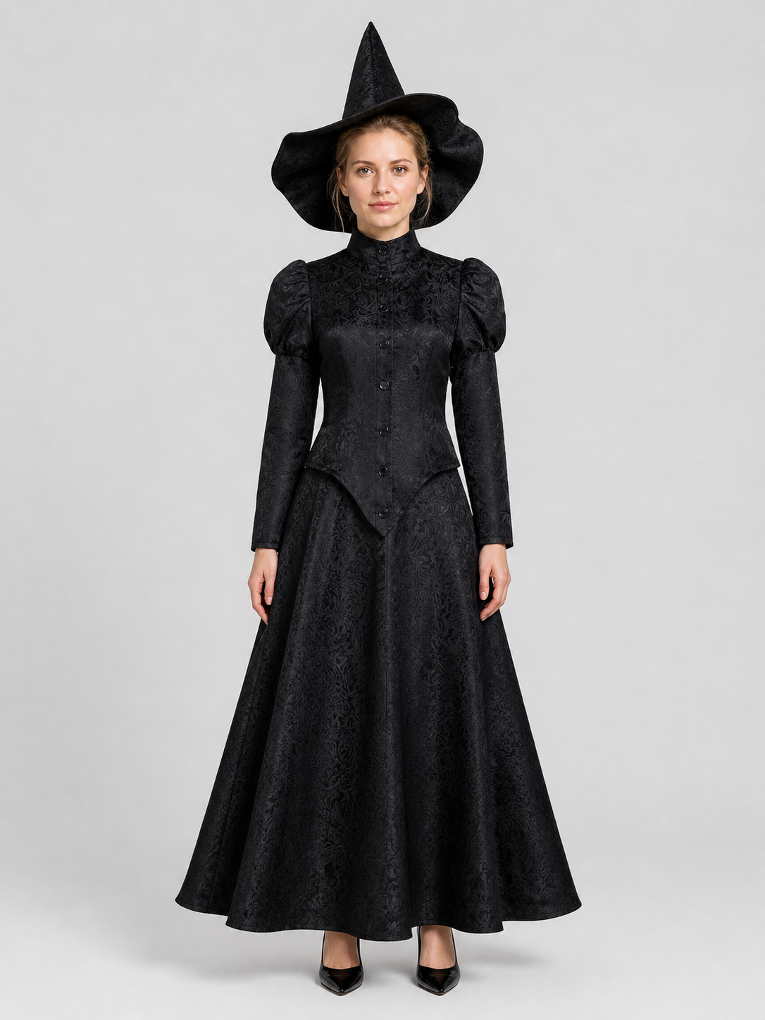 Black Elphaba Costume with Pointed Hat and Puff Sleeves Costume Headwear detail 2