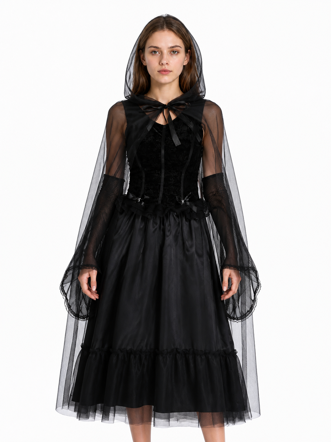 Black Long Dress with Cape for Halloween