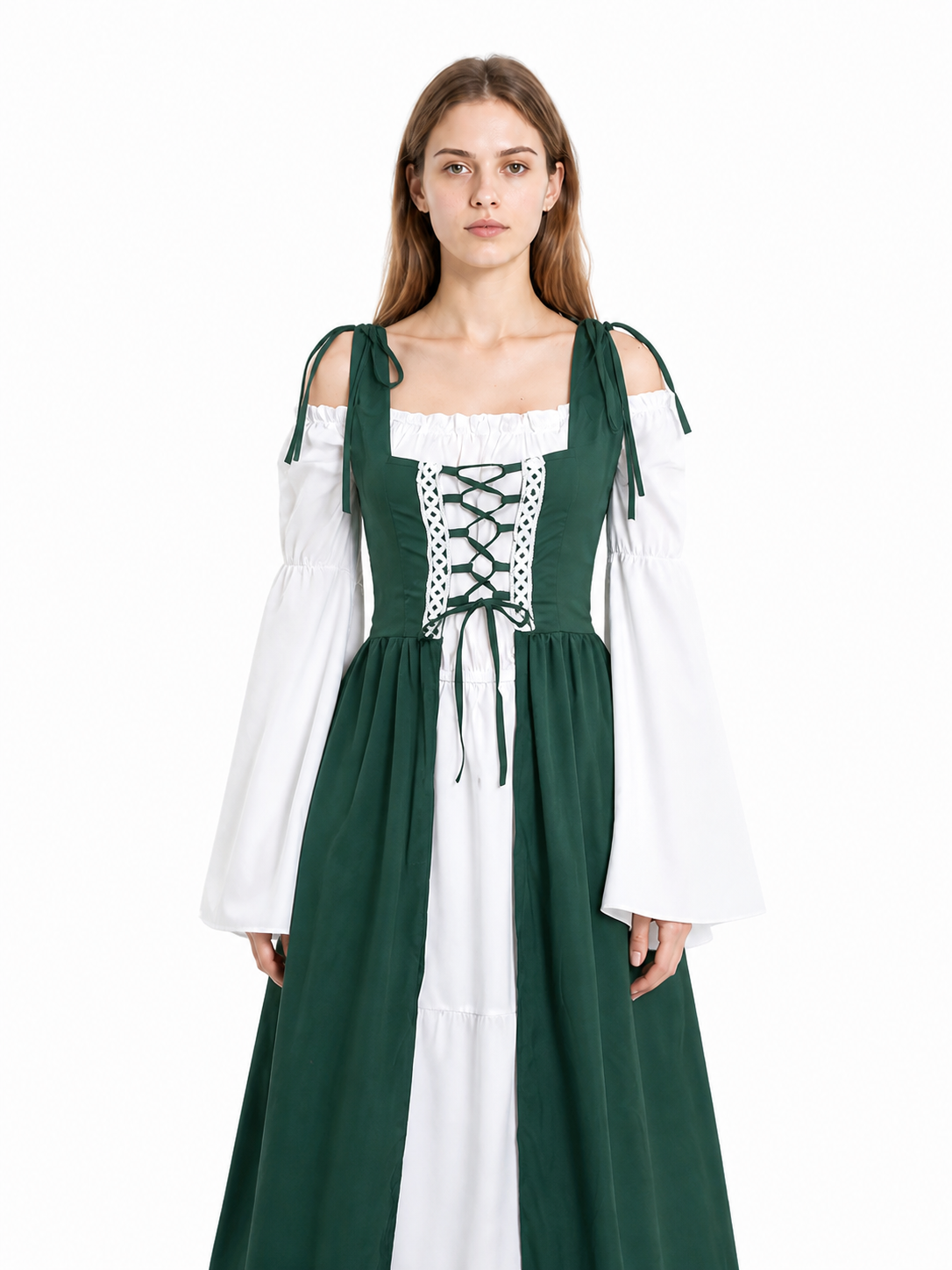 Historical Long Green Dress with Lace Costume Dresses detail 3