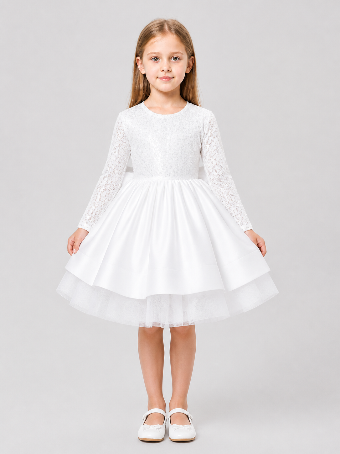 White Sequin Princess Dress for Girls with Long Sleeves Costume Dresses detail 3