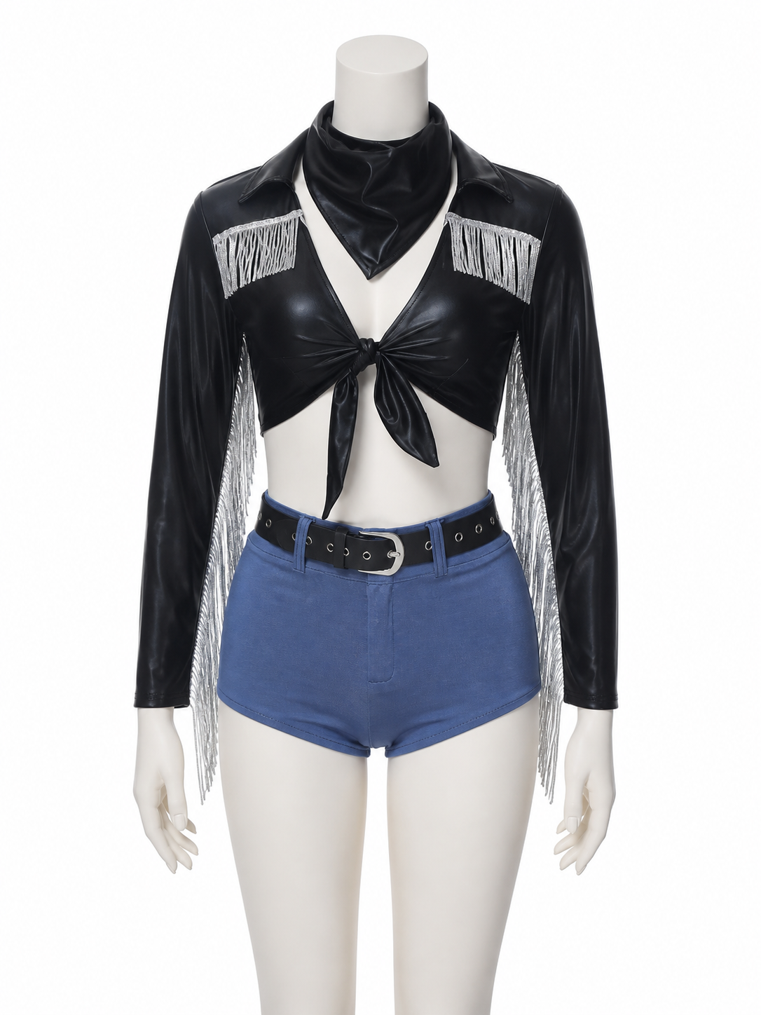 Cropped Black Jacket with Fringe and Lace-Up Front