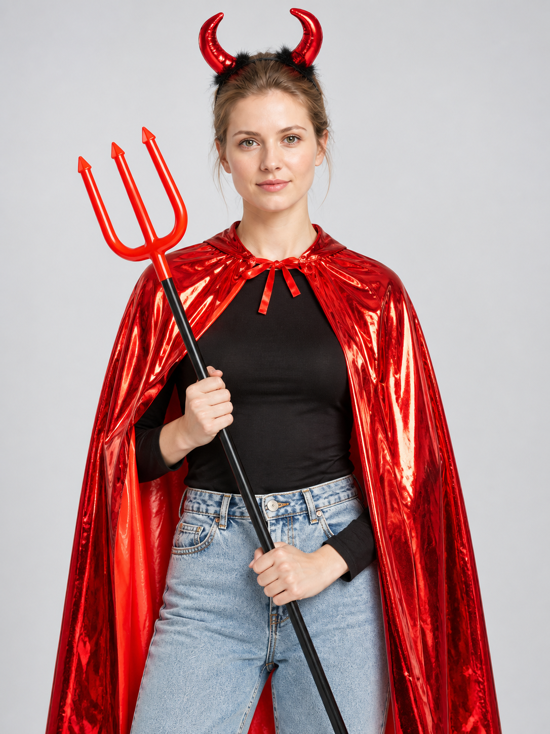 Red Costume with Cape, Horn Headband, and Trident Costume Capes detail 2