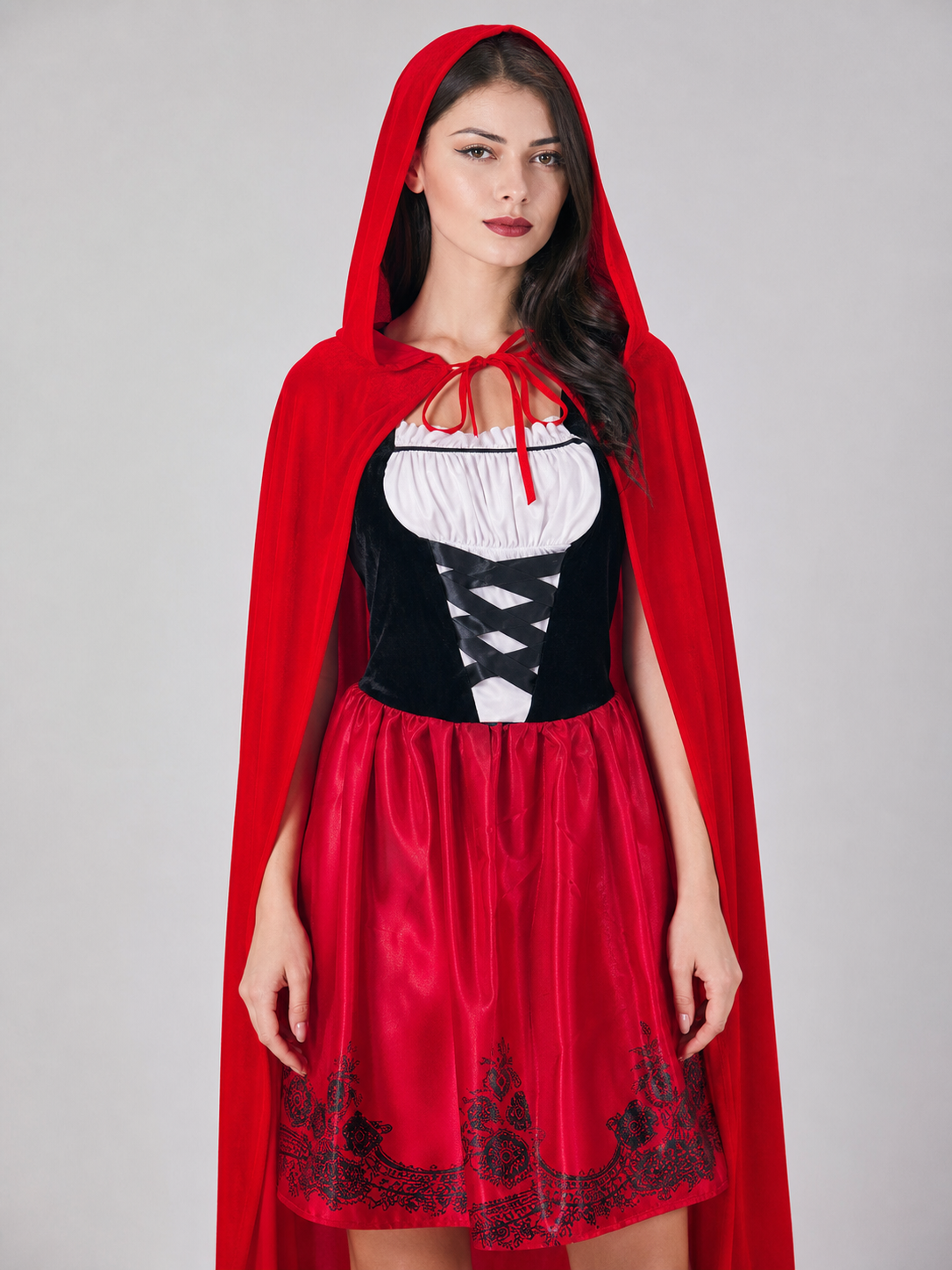 Red Hooded Cape and Retro-Style Dress
