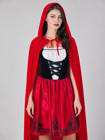 Red Hooded Cape and Retro-Style Dress