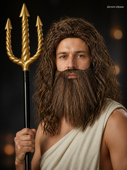 Close-up of a long brown costume beard attached to a white mannequin head