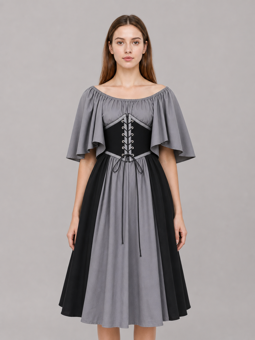 Gothic Dress with Corset, Ruffles, and Lace-Up Detail