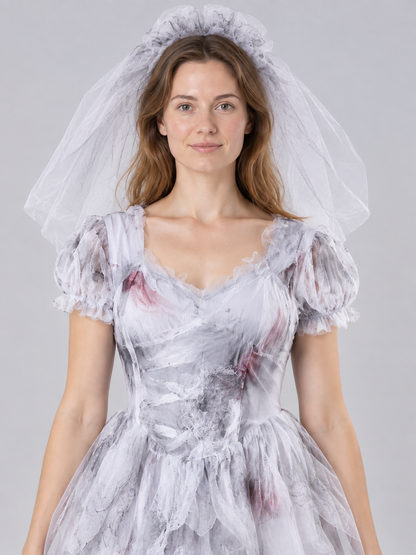 White Ghost Bride Carnival Costume with Veil
