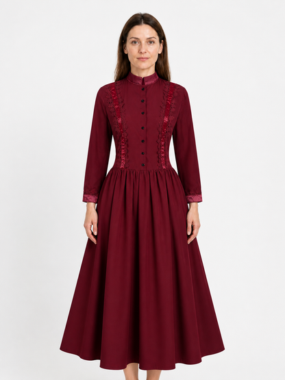 Gothic Lace Dress with High Collar, Burgundy Costume Dresses detail 3