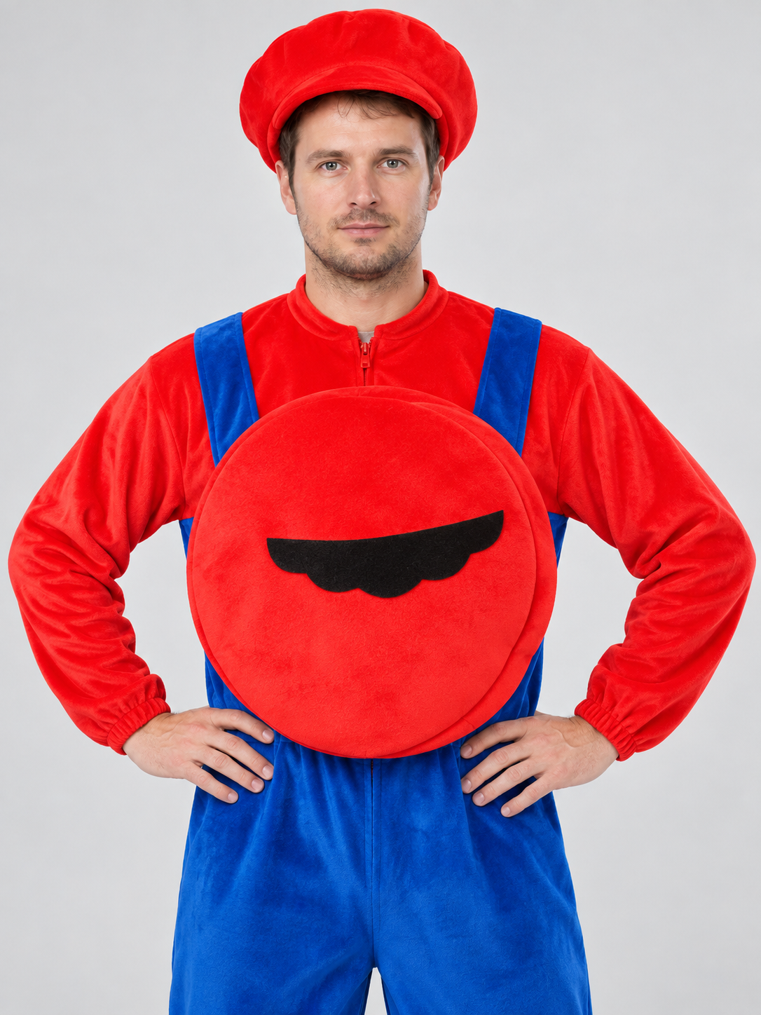 Mario costume for cosplay and role-playing with mustache and hat