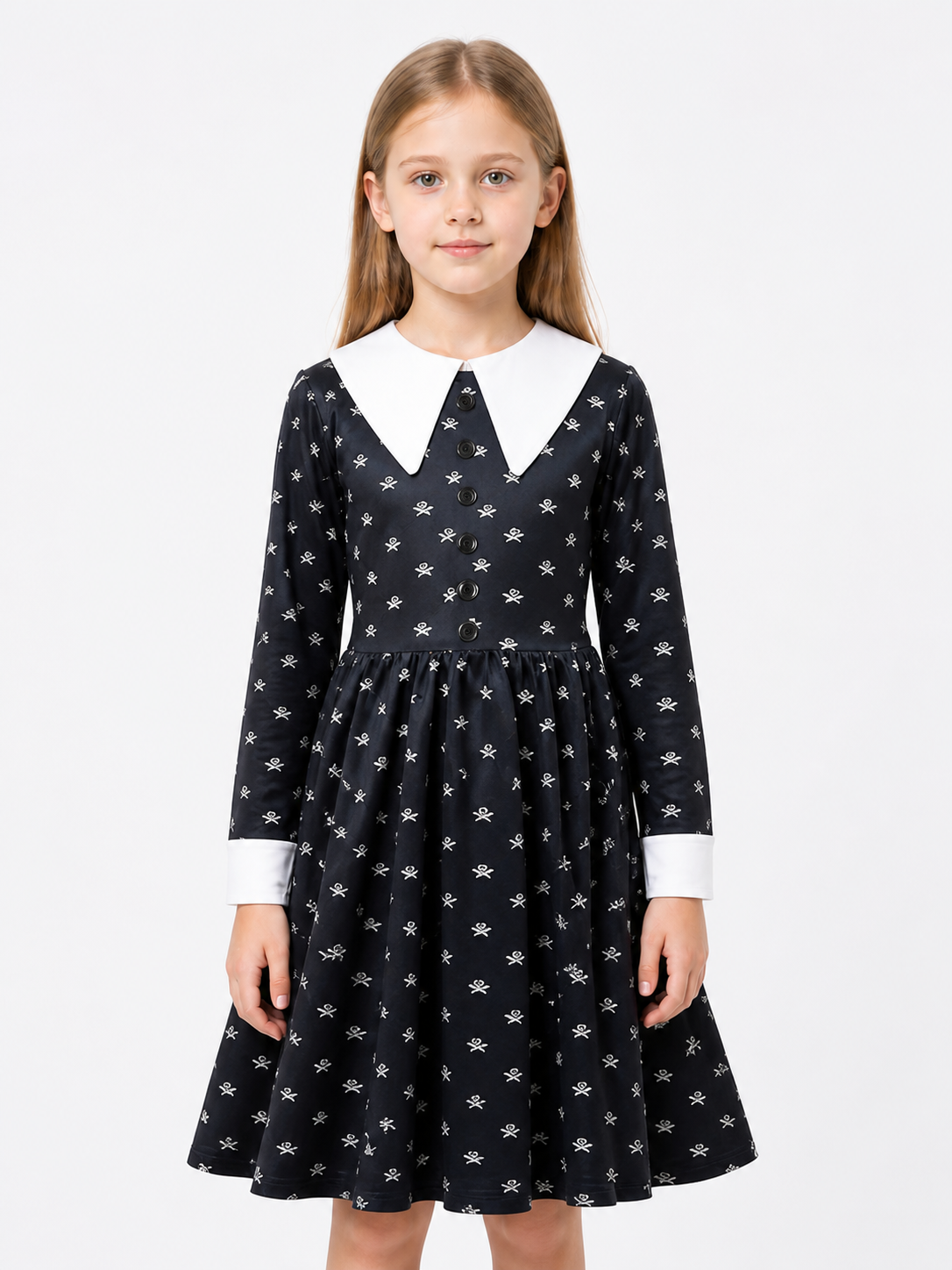 Black Long-Sleeve Dress with Skulls for Halloween Costume Dresses detail 3