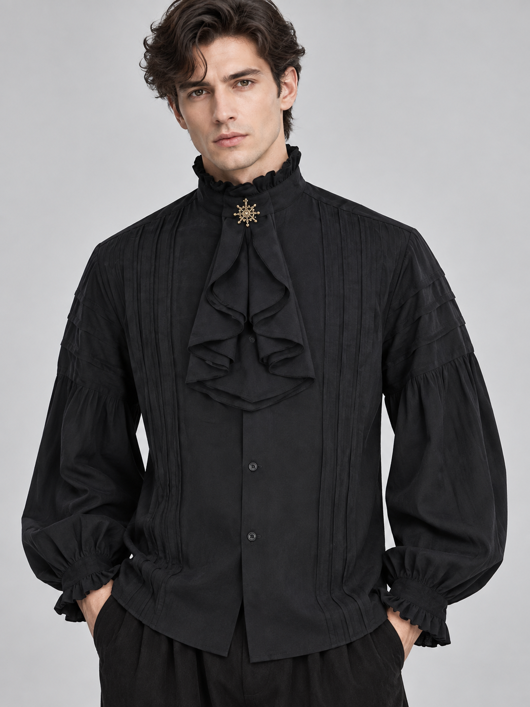 Medieval-Style Costume in Black with a Jabot and Star Brooch