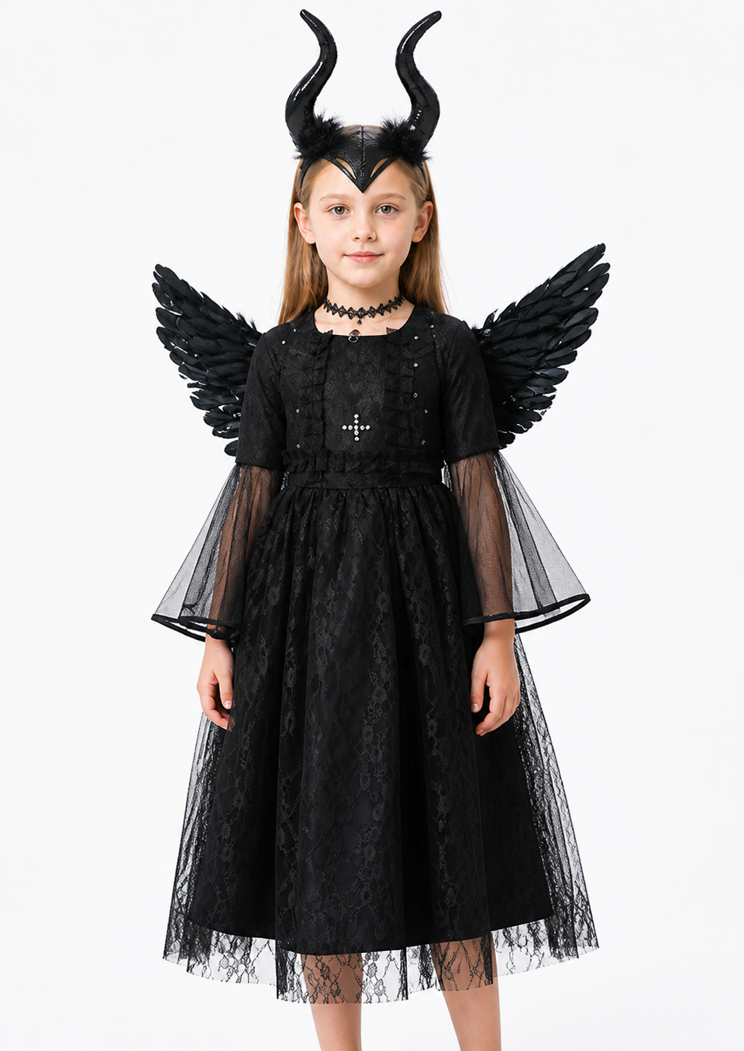 Children's Halloween Dress with Wings and Horns upper body view