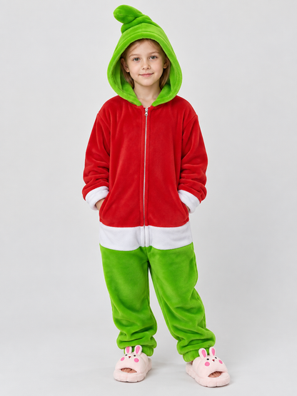 Red and green hooded zip-up pajama jumpsuit
