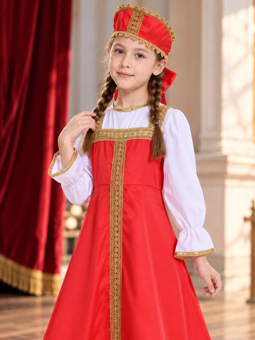 Red Dress with Headpiece and Gold Braid Costume Dresses detail 2
